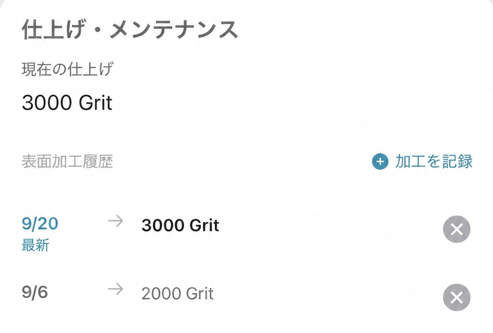 PHAZE IIの加工記録例：9/6に2000番、9/20に3000番。現在は3000番。